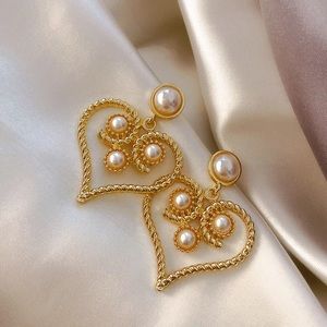 Trendy Gold Tone Heart Statement Drop Earrings